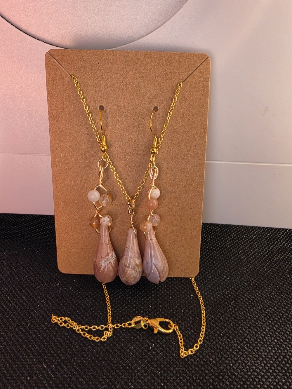 Gold Chain Necklace and Earrings Set with Pink Teardrop Stones